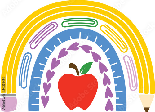 Boho teacher rainbow vector clip art illustration with pencil, ruler, staples and apple.