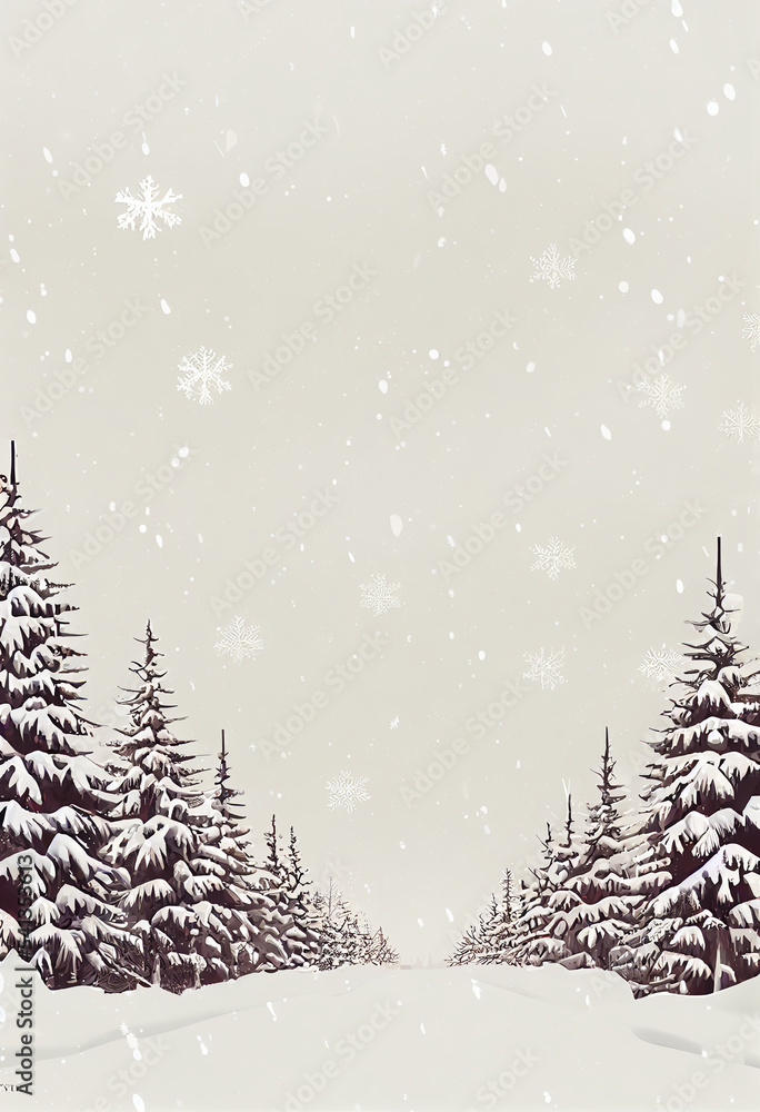 Winter Graphic design background wallpaper with falling snow and Christmas tree. Beautiful nature landscape design.