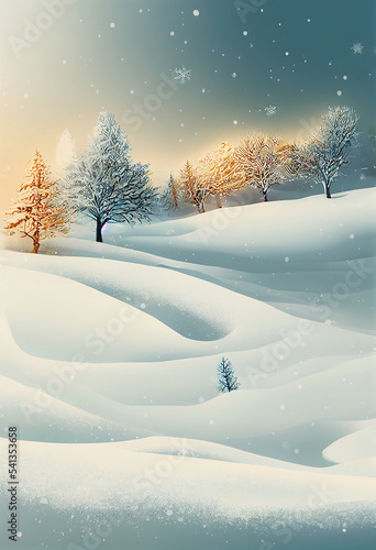 Winter Graphic design background wallpaper with falling snow and Christmas tree. Beautiful nature landscape design. © roeum