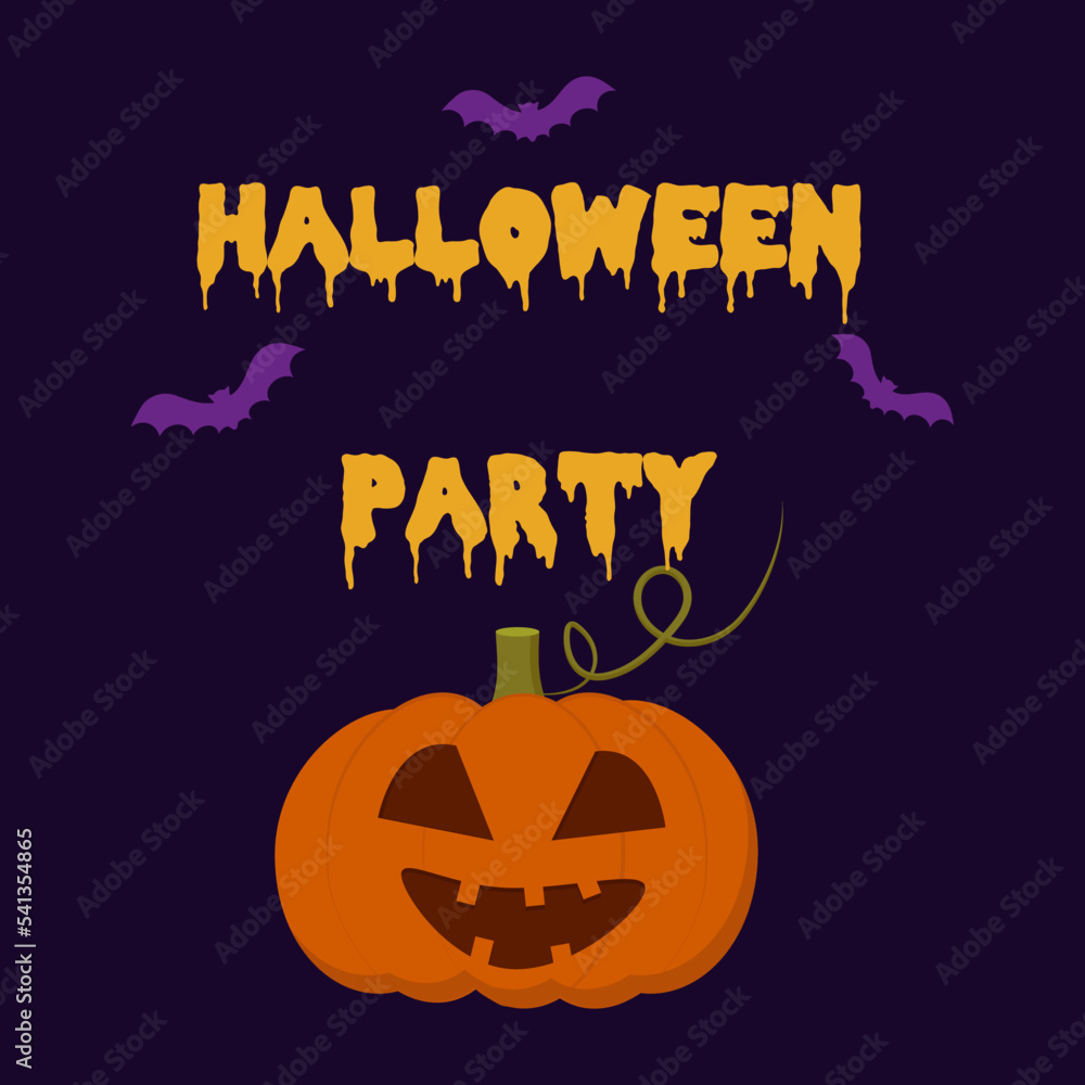text halloween party on a dark background with a pumpkin banner invitation