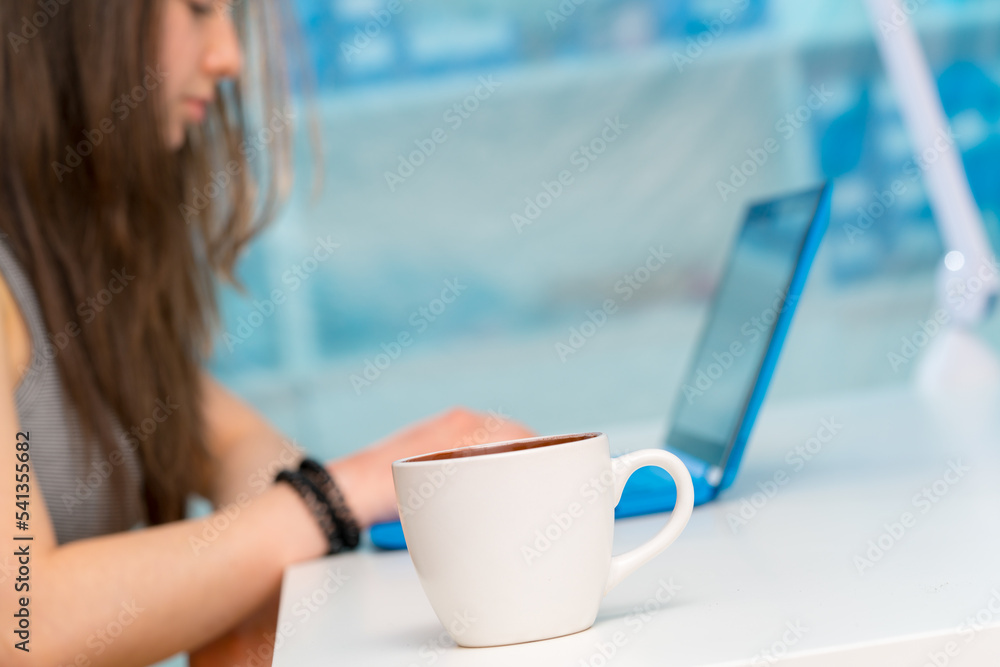 The girl at the table works on a laptop The girl at the table works on a laptop