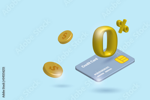 0% interest free rate in credit card with falling gold coins. Money spending, Financial, banking hot promotion for online shopping concept. 3D realistic vector.