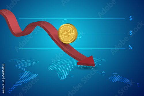GDP gold coin falling on dropping economic recession graph crashing on floor. Economic crisis and bankruptcy depression in global business.