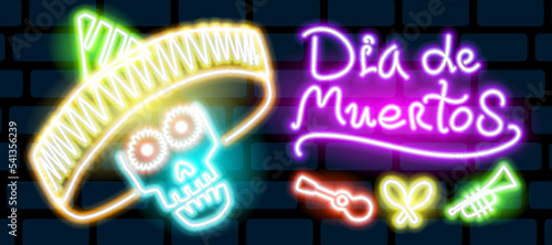 Neon skull in a sombrero of different colors with a glow on a black background. Day of the Dead vector neon illustration. Dia de Muertos.
