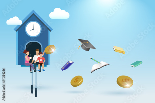 Family financial planning for kid education investment. Happy family in clock with gold coins from return on investment and graduation cap and school stationery.