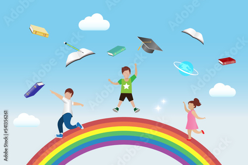 Back to school and kindergarten education concept. Happy children playing on rainbow with graduation cap and book, pencil and school stationery flying in sky.
