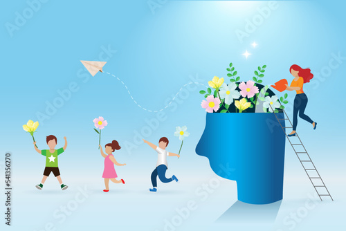 Woman growing flowers in human brain with happy children. Growing positive mental health, mindfulness and positive thinking education at school and family concept. 