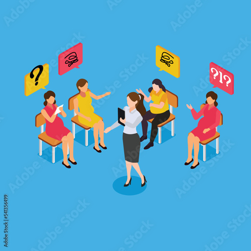 Group of psychological support for pregnant women isometric 3d vector illustration concept for banner, website, illustration, landing page, flyer, etc.
