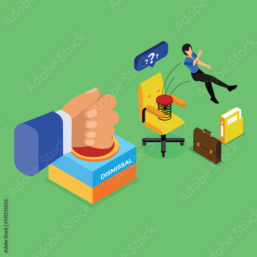 Boss hand push dismissal button, staff reduction isometric 3d vector illustration concept for banner, website, illustration, landing page, flyer, etc.