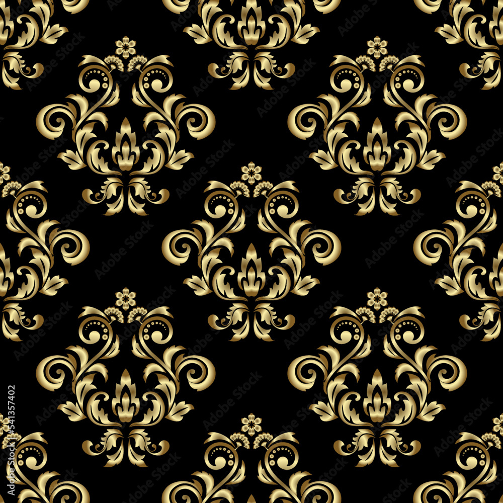 Wallpaper in the style of Baroque. Seamless vector background. Gold and black floral ornament. Graphic pattern for fabric, wallpaper, packaging. Ornate Damask flower ornament Wallpaper in the style of Baroque. Seamless vector background. Gold and black floral ornament. Graphic pattern for fabric, wallpaper, packaging. Ornate Damask flower ornament