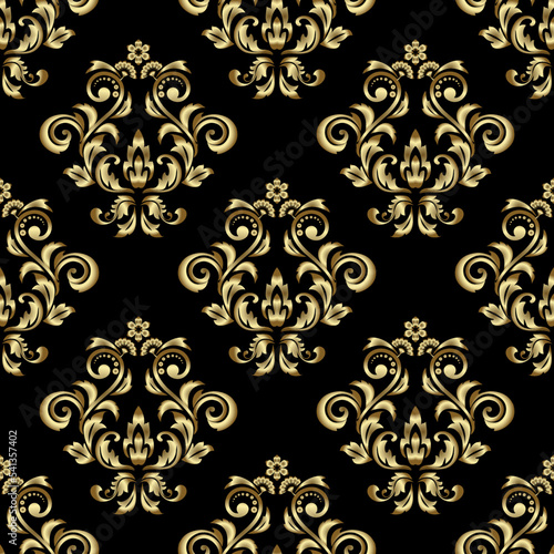 Wallpaper in the style of Baroque. Seamless vector background. Gold and black floral ornament. Graphic pattern for fabric, wallpaper, packaging. Ornate Damask flower ornament