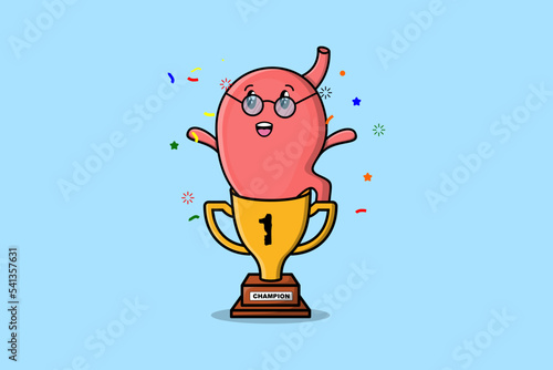 Cute Cartoon character illustration of Stomach is holding up the golden trophy in illustration