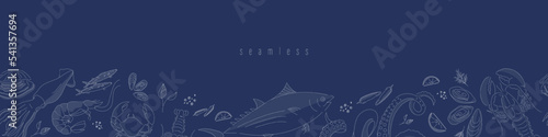 Horizontal Seafood seamless border on navy blue background. Hand drawn sea fishes and fish fillet, oysters, mussels, lobster, squid and octopus, crabs, prawns. Healthy food natural set.