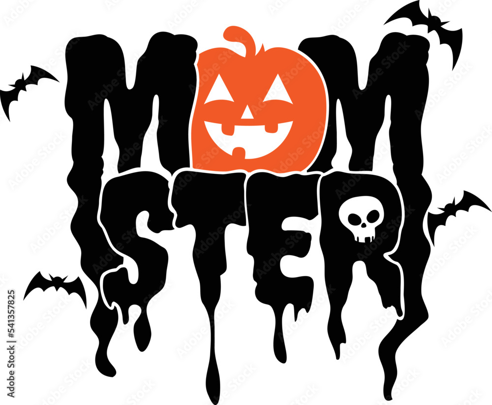 Momster design for halloween with jack-o-lantern, bats and skull. Momster design for halloween with jack-o-lantern, bats and skull.