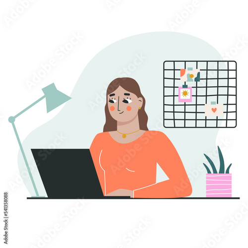 Woman sits at a table, works at home at a computer. The concept of freelancing and remote work. Flat vector illustration.