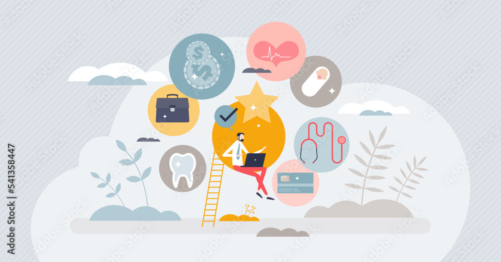 Employee benefits as work bonuses for workforce loyalty tiny person concept. Company staff satisfaction boost and perks package with financial motivation, vacations and insurance vector illustration. Employee benefits as work bonuses for workforce loyalty tiny person concept. Company staff satisfaction boost and perks package with financial motivation, vacations and insurance vector illustration.