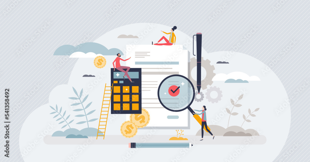 Bookkeeping service and financial business data audit tiny person concept. Accounting work with tax calculation, payment making and budget information analysis vector illustration. Document control.