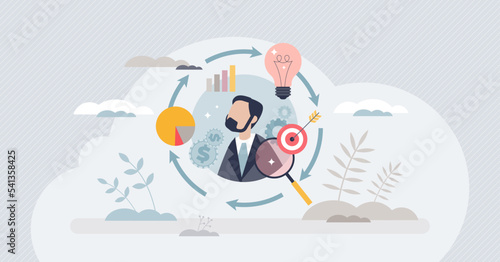 Performance management for manager with activity control tiny person concept. Effective and productive work task process for company plan satisfaction vector illustration. Analysis about sales goal.