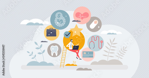 Employee benefits as work bonuses for workforce loyalty tiny person concept. Company staff satisfaction boost and perks package with financial motivation, vacations and insurance vector illustration.