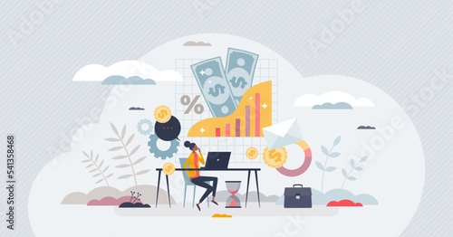 Bookkeeping and personal financial data management tiny person concept. Annual tax money document analysis and income, expenses audit vector illustration. Monthly bills calculation after work salary.
