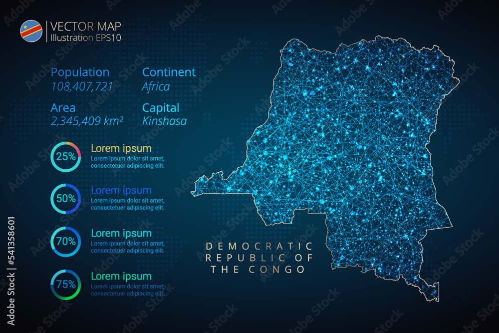 Democratic Republic of the Congo map infographics vector template with abstract geometric mesh polygonal light concept on blue background. Template for diagram, graph, presentation and chart