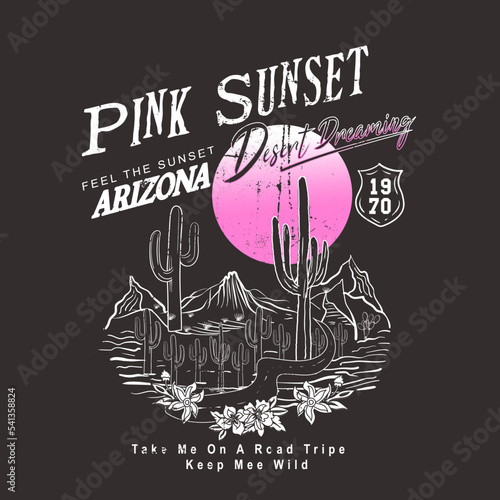 Pink Sunset, arizona, desert dreaming, Arizona desert dreams with light blast vector graphic print artwork for apparel, stickers, background and others. Desert night view retro vintage illustration. 