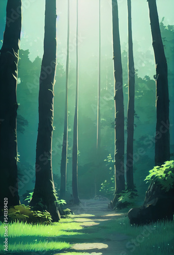 Cozy Fantasy Forest path, Blue Sky, Long Shadows, Peaceful Afternoon. Japanese Anime Style Art Landscape Illustration Background © Uomi