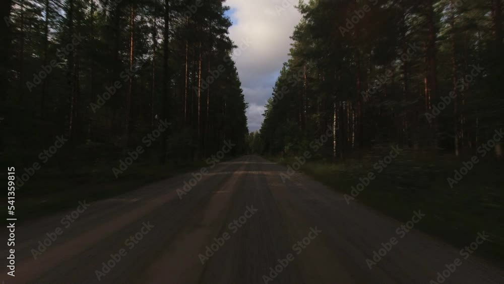 POV drive on gravel road through dense northern boreal forest trees POV drive on gravel road through dense northern boreal forest trees