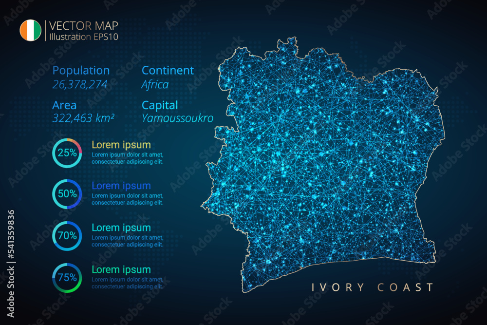 Ivory Coast map infographics vector template with abstract geometric mesh polygonal light concept on blue background. Template for diagram, graph, presentation and chart