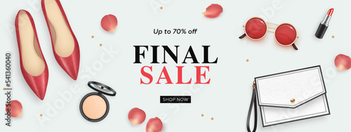 Final sale horizontal banner design template with realistic 3d elegant red shoes, handbag, lipstick, powder and rose petals. Woman accessories and cosmetics composition. Vector illustration