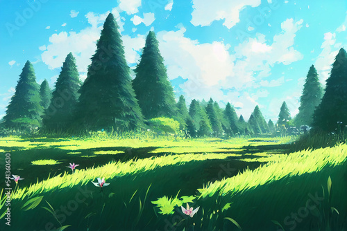 Cozy Fantasy Forest path, Blue Sky, Long Shadows, Peaceful Afternoon. Japanese Anime Style Art Landscape Illustration Background