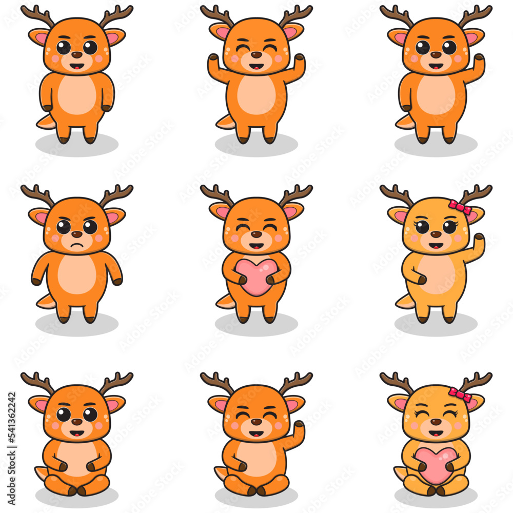 Vector illustration set of Deer cartoon. Bundle of cute Deer set. Set of animals. Cartoon and vector isolated characters. A collection of animals in the children's style. Vector illustration set of Deer cartoon. Bundle of cute Deer set. Set of animals. Cartoon and vector isolated characters. A collection of animals in the children's style.