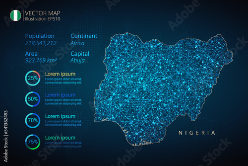 Nigeria map infographics vector template with abstract geometric mesh polygonal light concept on blue background. Template for diagram, graph, presentation and chart