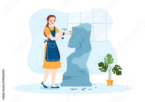 a Sculptor is Carving Sculpture to Form a Work and Will be on Display in the Museum on Flat Cartoon Hand Drawn Templates Illustration