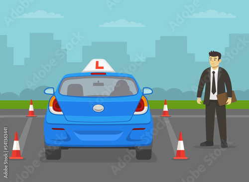 Fototapeta Naklejka Na Ścianę i Meble -  Car driving practice with red cones. Student driver driving a blue car. Back view. Male instructor controls examination. Flat vector illustration template.