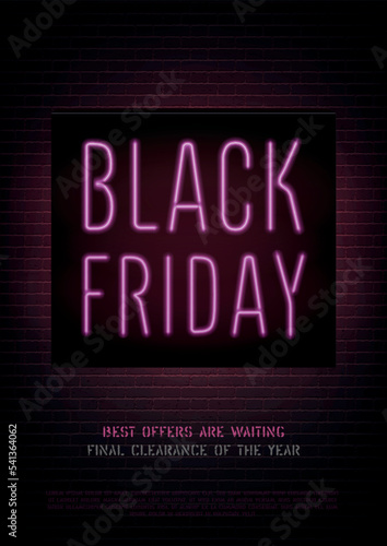 Black Friday Luxury store realistic vector flyer template. Stylish special price offer sensual banner design with copy space. Seasonal clearance pink sale advert neon light on dark background.