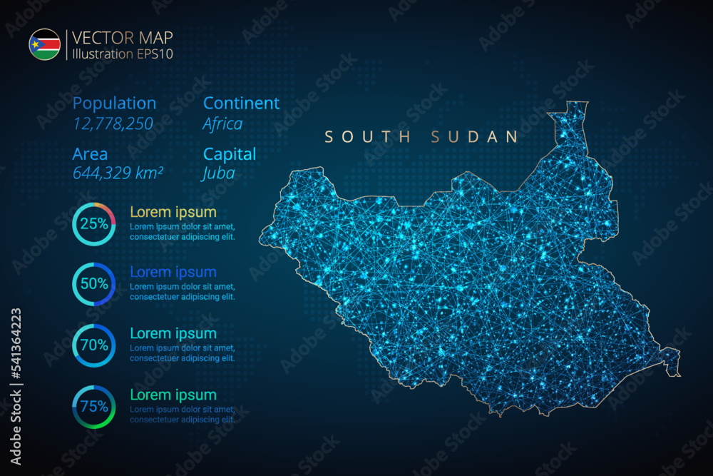 South Sudan map infographics vector template with abstract geometric mesh polygonal light concept on blue background. Template for diagram, graph, presentation and chart