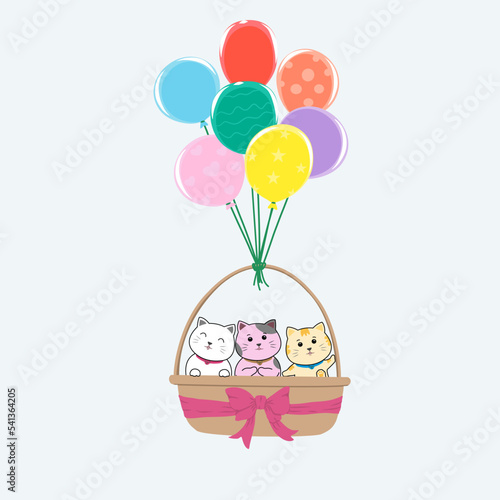 Vector cartoon character drawing of three cute cats in brown basket with a pink bow, hanging on colorful balloons blowing on blue sky background, for a  gift or presents 