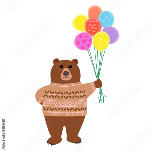 Vector cartoon drawing of brown bear animal wearing cream color yarn sweater, standing and hold colorful yellow, red, pink, blue, violet balloons on white background 