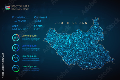 South Sudan map infographics vector template with abstract geometric mesh polygonal light concept on blue background. Template for diagram, graph, presentation and chart