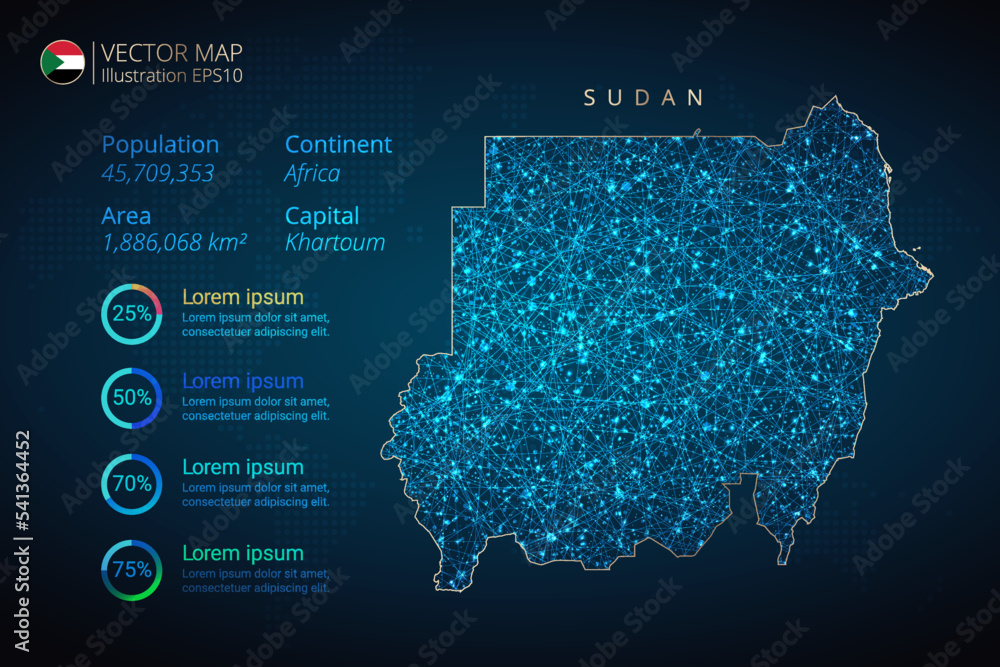 Sudan map infographics vector template with abstract geometric mesh polygonal light concept on blue background. Template for diagram, graph, presentation and chart
