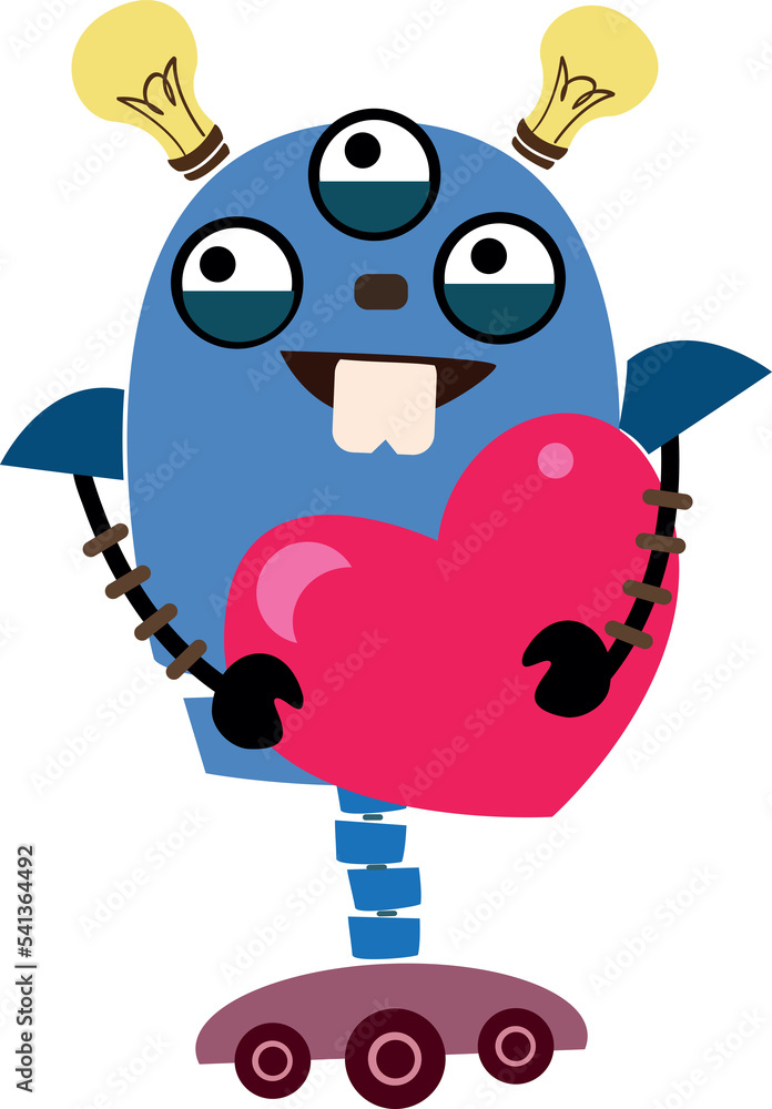 Cute cartoon robot holding a heart, character for kids, sticker Cute cartoon robot holding a heart, character for kids, sticker