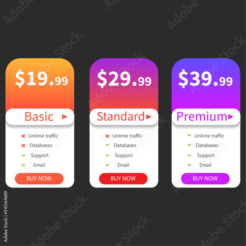 Vector Pricing Table. Collection of tariff plans for sites and applications. Banner for table placement. Vector illustration. Dark template