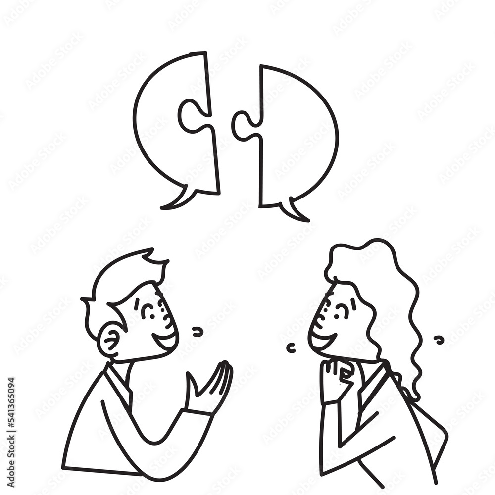 hand drawn doodle men and women with matching bubble talk jigsaw puzzles illustration