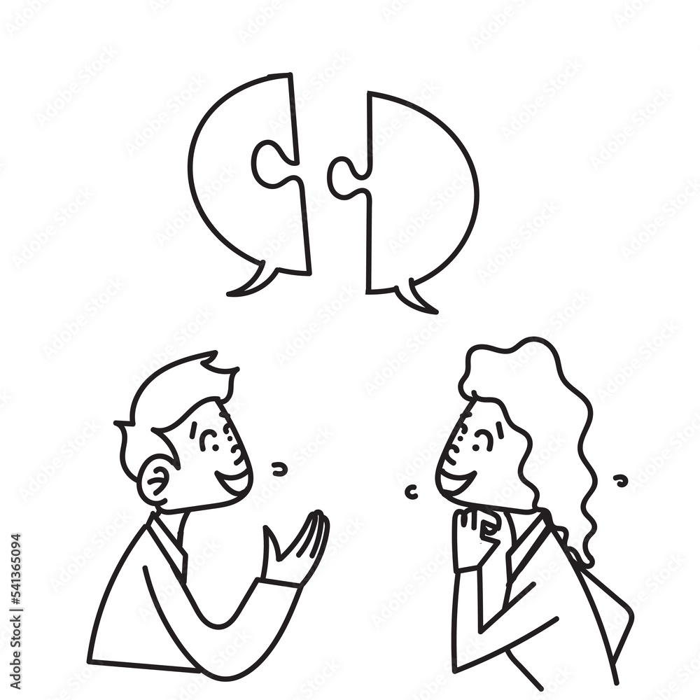 Obraz premium hand drawn doodle men and women with matching bubble talk jigsaw puzzles illustration