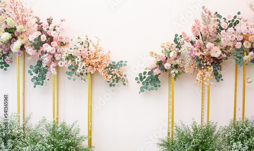 Flowers decorated in pink and white tones on a white background for wedding or party use.