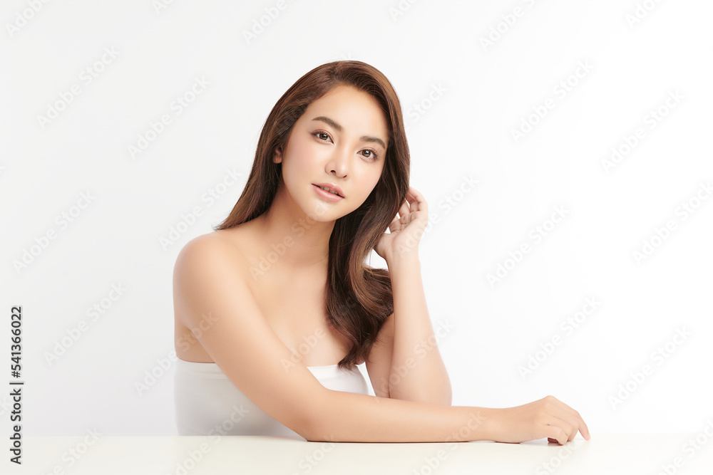 Beautiful young asian woman with clean fresh skin on white background, Face care, Facial treatment, Cosmetology, beauty and spa, Asian women portrait.