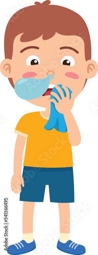 kid boy wipes his nose with a handkerchief