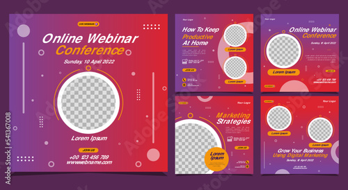 Creative design collection of social media story post templates on a dark purple gradient background. It is suitable for business webinar, marketing webinar, online class program, etc.