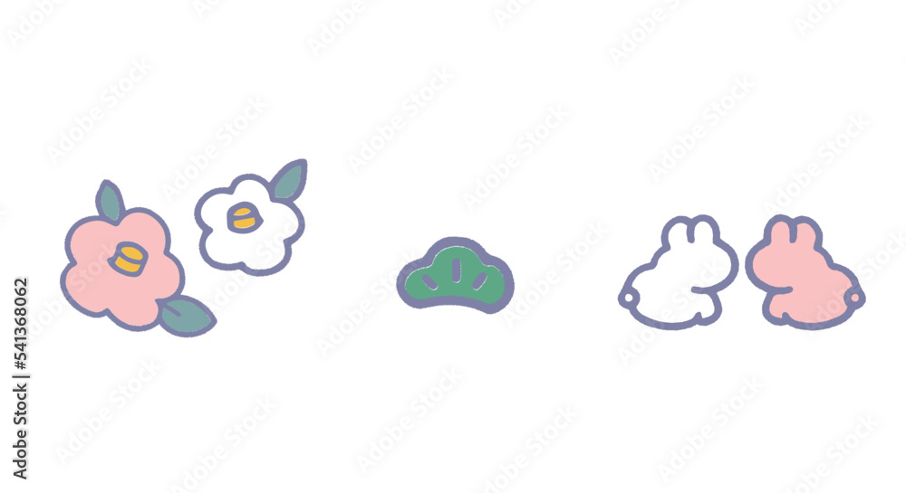 Obraz premium 年賀状素材 卯年 椿 松 うさぎ ベクター イラスト パステル ゆめかわいい セット